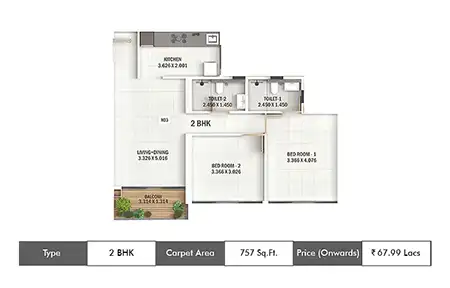 Kumar Prime View 2 BHK 695 Sqft Floor Plan