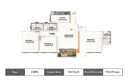 Kumar Prime View 2 BHK 732/749 Sqft Floor Plan
